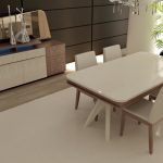 cute White dining Desk also White Leather-based Dining Chair On The White Floral Rug As Effectively Wooden Vainness plus Mirror As Well Plant Beside Window Nook