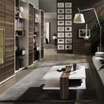 dark brown painted wall concrete floor dark gray zoxy floor rug white sofa white bileveled coffee table arc lamp wooden storages wooden drawer tidy living room
