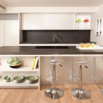 wonderufl interior design of kitchen with barstool and wonderful white kitchen cabinet and black backsplash in laminate flooring concept