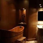 astonishing bathroom idea with elegant wooden bathtub also alluring brown wall decoration with small wash bowl for traditional house theme