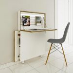 practical folding desk in white  sweet grey cotton-cover chair with tiny wood legs