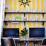 wonderful workspace design with alluring stripes white and yellow wall also artistic ceramic decoration with floating shelves feat cozy movable chairs