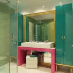 cute pink and turquoise wall panel also wonderful gold shade with white washing stand in laminate flooring