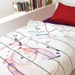 doodle bedding idea with red pillow wall-bookshelf