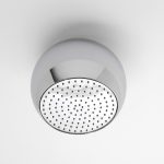 modern futuristic cool ceiling-mounted-chrome with ball round white shape concept with tiny sprayer made of iron for bathroom decoration