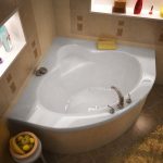 corner tub for two people with back-head feature and chrome faucet brown ceramic tiles floor dark-gold-tone fury carpet for bahroom  built-in shelves for bath supplies fruits served on a tray