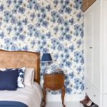 amazing blue patterned wall bedroom design with brown bedding set aside vintage nightstand with blue table lamp aside white cupboard