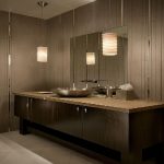 minimalist bathroom vanity in wood material with metal sink and faucet frameless decorative vanity mirror two units of pendant lamps