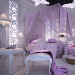 Luxurious bedroom decorating idea in purple theme metal bed furniture with lighter purple bed curtain lighter purple bedcover and pillows chair and table a decorative mirror