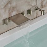 elegant wall mount tub faucet with tiles look like marble for modern bathroom ideas with white bathtub