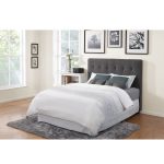 Grey headboard idea for modern bedroom grey shag bedroom rug wood floor idea white bedside table with shelves underneath some decorative framed pictured on wall