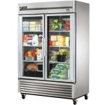 large and movable glass door refrigerator residential with double doors and eight racks and wheels