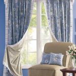 matched blue tone window treatment for small windows decorative white flower blue cushions and beige chair