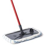 simple black and white dust mop for wood floor with plastic accent and red stick to handle