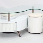 stylish white curve glass coffee table design with s shape and round white stools design added