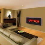 Fireplace Modern Wall Mount Electric WIth Big Sofa Long Table Fur RUg Wooden Cabinet And Stylish Lamp