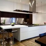 Modern White Kitchen With Metal Gery Design With Dining Room