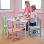 White table three units of wooden chair in multiple colors for kids