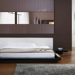 awesome low profile platform bed frame in wonderful bedroom ideas decorated with bedside table and hardwood floor and grey furry rug and black bench