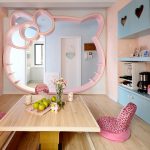 large-pink-hellokitty-wall-mirror-with-soft-brown-floor-and-table-also-pink-hellokitty-chairs-and-blue-cupboards-also-white-door-and-hellokitty-doll