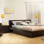 stylish bedroom ideas with wooden low profile platform bed frame and cozy bedding plus night stand and modern table lamp combined with wooden dresser
