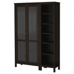 wooden storage cabinet with glass doors in dark finishing plus modern design combined with shelves aside