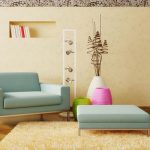 amazing interior design with tan panel board and retro wallpaper and soft belu couch with blue coffee table and pink green white pottery and creamy area rug