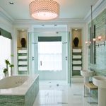 amusing bathroom ideas with ming green marble tile and stunning bathtub and ceramic sink plus walk in shower and wall scones and ceiling pendant lamp