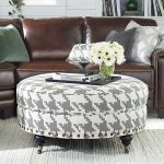 awesome small round ottoman in white and grey accents plus white rug together with brown leather couch and decorative cushion