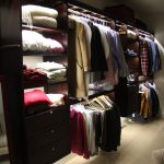 awesome walk in closet ideas in tiny space with wooden shelves and led closet lights and wooden floor