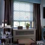 blue contemporary window valances combined with brown curtain and shades plus wooden sideboard plus bar cart and tartan carpet