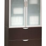 Dark Wooden Storage Cabinet With Glass Doors And Drawers