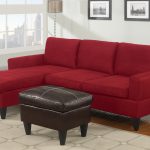 Simple red microfiber sectional with chaise black leather ottoman table white area rug with square motifs