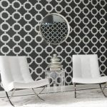 Unique and cool transparent acrylic side table a pair of modern white chairs round decorative mirror with nickel frame monochromatic wallpaper idea white shag area rug