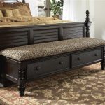dark finish bed ottoman bench with two storage beneath plus leopard upholstery together with brown patterned rug and wooden bed frame