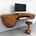 floating corner desk with unique design featuring two drawers and keyboard board together with wooden stool bar