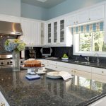 Awesome Kitchen Makeovers On A Budget With Grey Marble On Kitchen Island And Backsplash With White Cabinet