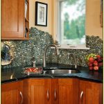 River Rock Tile Sheets On Kitchen Backsplash With Wooden Kitchen Set