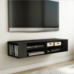 Black media shelves idea made of solid wooden a set of flat TV mounted on wall
