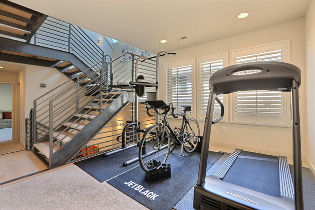 modern home gym with kickstand for bike treadmill
