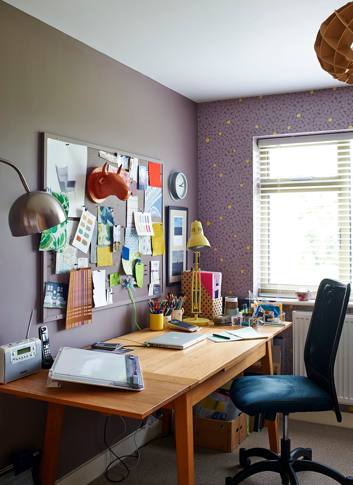 contemporary office space idea purple wallpapers dark purple wall system reclaimed wood working desk modern working chair with wheels woodboard wall organizer