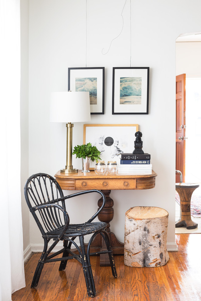 eclectic seating corner shabby black chair log side table traditional wood console table medium toned wood floors