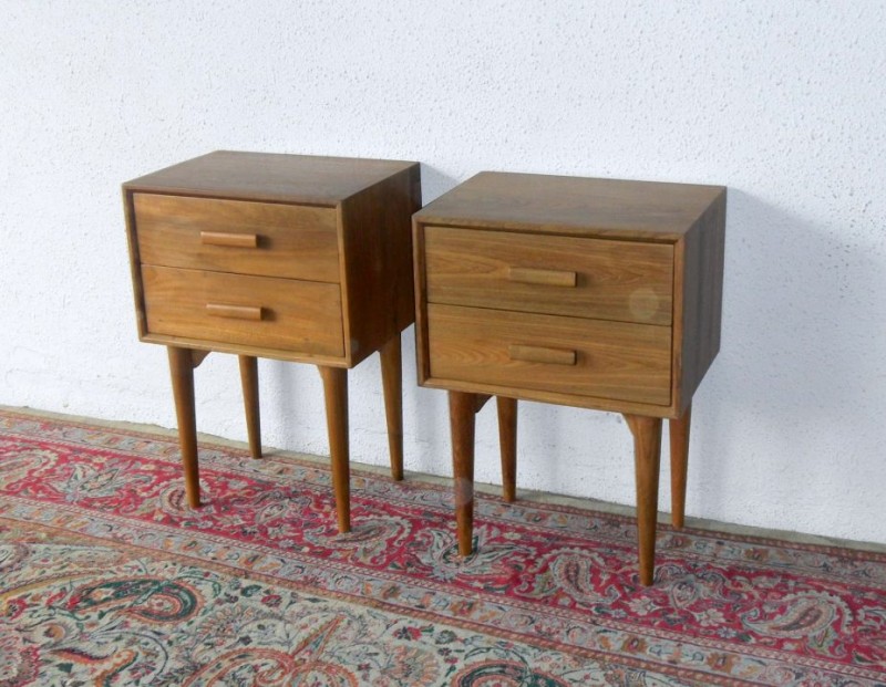 vintage style wooden side tables with obvious handlers and pointed legs