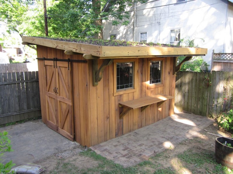 wood garden shed idea with green rooftop reclaimed windows barn door hardware