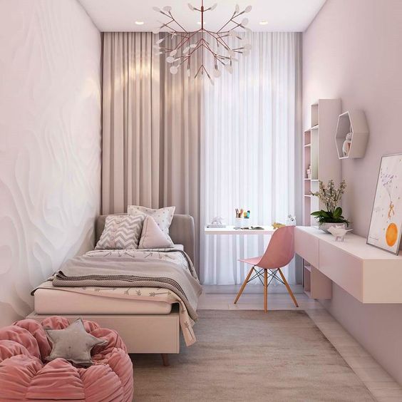 light, clean, and modern bedroom design floating working desk scandinavian style chair in pink smaller bed frame with headboard light pink rose shape bean bag light gray fabric rug creative chandelier
