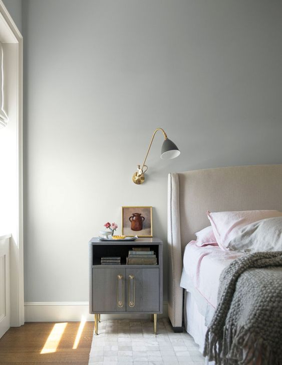 ultra soft gray bedroom wall idea wall mounted pendant with brass stand and gray lampshade gray nightstand with brass legs