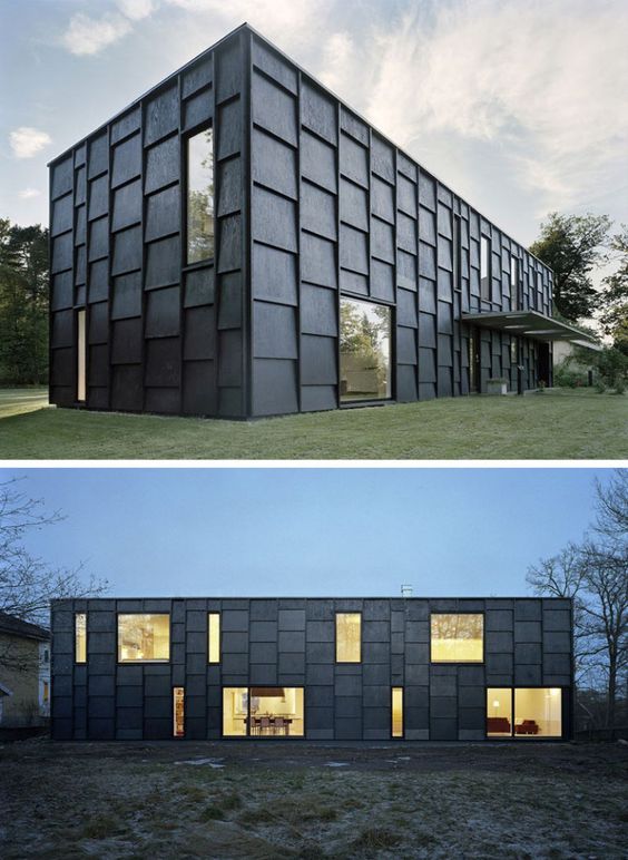 elegant and bold black exterior walls built from black painted timber cladding panels