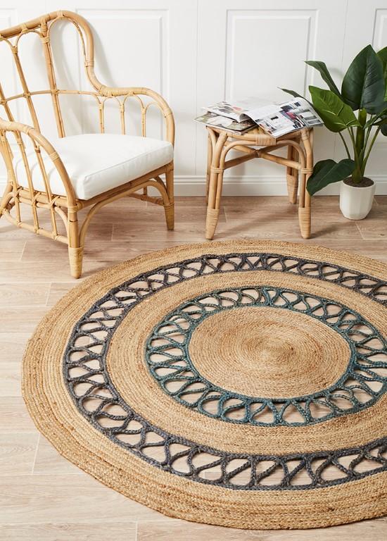 natural jute area rug with blue highlight