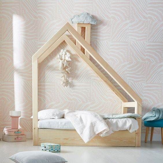 unique house bed for kids room made of light wood material