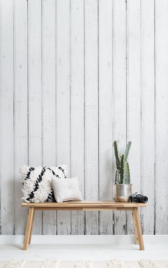 whitewashed wall texture idea wooden bench seat with throw pillows
